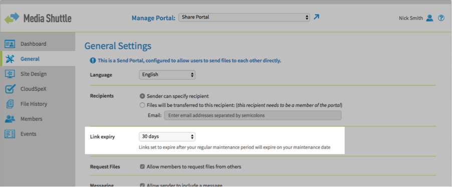 Operations administrators can set link expiry on the General menu